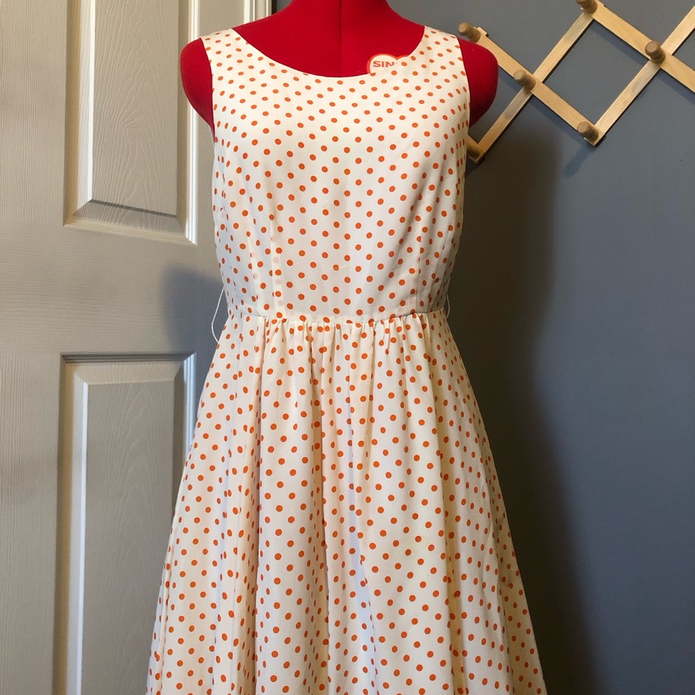 White and Orange polka dot chiffon midi dress